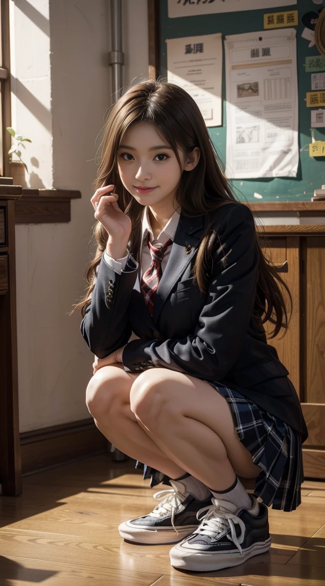 Red tie、You can see her white panties、classroom、Body facing the camera.、beautiful girl, high school girl, realism, Very detailedCG統一8k壁紙, High-resolution RAW color photos, Professional photos, Realistic portrait, Beautiful detailed girl, (Beautiful breasts:), (Red checked skirt:1.2), (squat:1.5), (短い靴下とVans sneakers:1.5) , high school girl, (最high quality:1.4), Super detailed, high quality, masterpiece, (Picture below:1.2)、Baby Face、smile、Ultra HD、Panty Focus、Squat down with your heels on the ground、最high quality, masterpiece, Ultra-high resolution, (Realistic:1.4), RAW Photos, Very detailed, Perfect Anatomy, Squat 1 Girl, 16 years old, Most popular Japanese idols, ((classroomでsquat, Put your hands on your head)), Leg Details, An innocent smile, Observe the audience, 

(Wearing a red checked pleated skirt, かわいいデザインのhigh school girlの夏服を着ている、Vans sneakers), (A detailed red checkered pleated skirt, detailed かわいいデザインのhigh school girlの、sneakers),  

very thin and beautiful thighs,,, Very slim and beautiful legs, Very beautiful and perfect body, Very cute face, Amazingly beautiful big black and round eyes, Very beautiful black hair, Very beautiful white skin、Thigh details, Beautiful legs with attention to detail