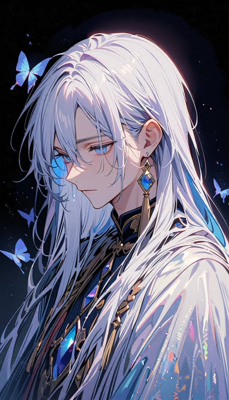 masterpiece, Male focus, 1 boy, solitary, White hair, tassel earrings, tassel, Jewelry, earrings, black background, blue eyes, Long hair, crystal, Butterfly, Upper Body,  Colorful hair，Pearlescent Rose，Personal，The eyes are depicted in great detail