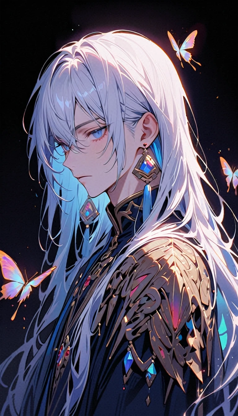 masterpiece, Male focus, 1 boy, solitary, White hair, tassel earrings, tassel, Jewelry, earrings, black background, blue eyes, Long hair, crystal, Butterfly, Upper Body,  Colorful hair，Pearlescent Rose，Personal，The eyes are depicted in great detail