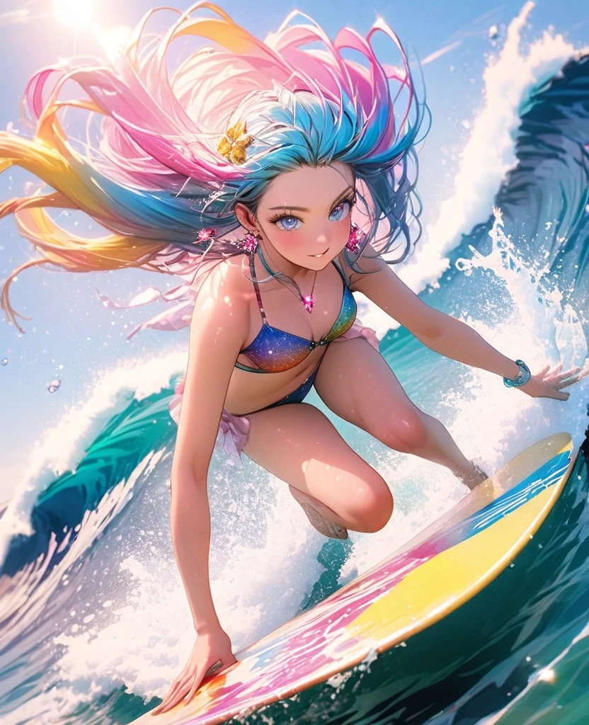 8K,gal，an extremely delicate and beautiful,Beautiful and realistic skin,Shiny jewel-like earrings,Shine like glitter long colorful hair,beautiful eyes,bikini,full body,beautiful sea,surfing,Shining brightly pinky surfboard,big wave