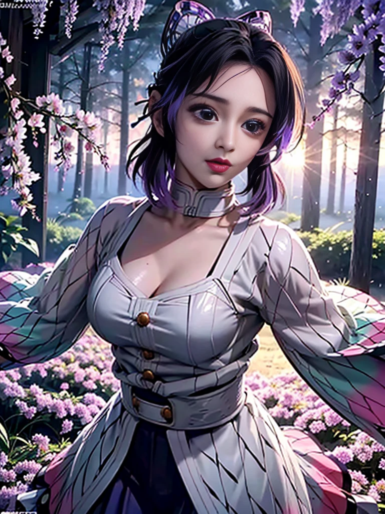 Realistic, Super detailed, High resolution, highest quality, Super detailedな,1 Female , Official Art, unity 8k wallpaper, Super detailed, beautiful and aesthetic, beautiful, masterpiece,( Super busty breasts:1.8,Small waist)、Glowing Skin,masterpiece, wonderful, (CG illustration),Asian, Ultra-realistic textured face and skin、Accurate anatomy、samurai、Colorful armor、Radiation Hair, bangs,Short Bob、((samurai))、sword,Facial details、Dynamic Pose、Dynamic Action、Dynamic Angle、Detailed Background、Wisteria flower、In combat、duel、Degrees of Freedom:1.3