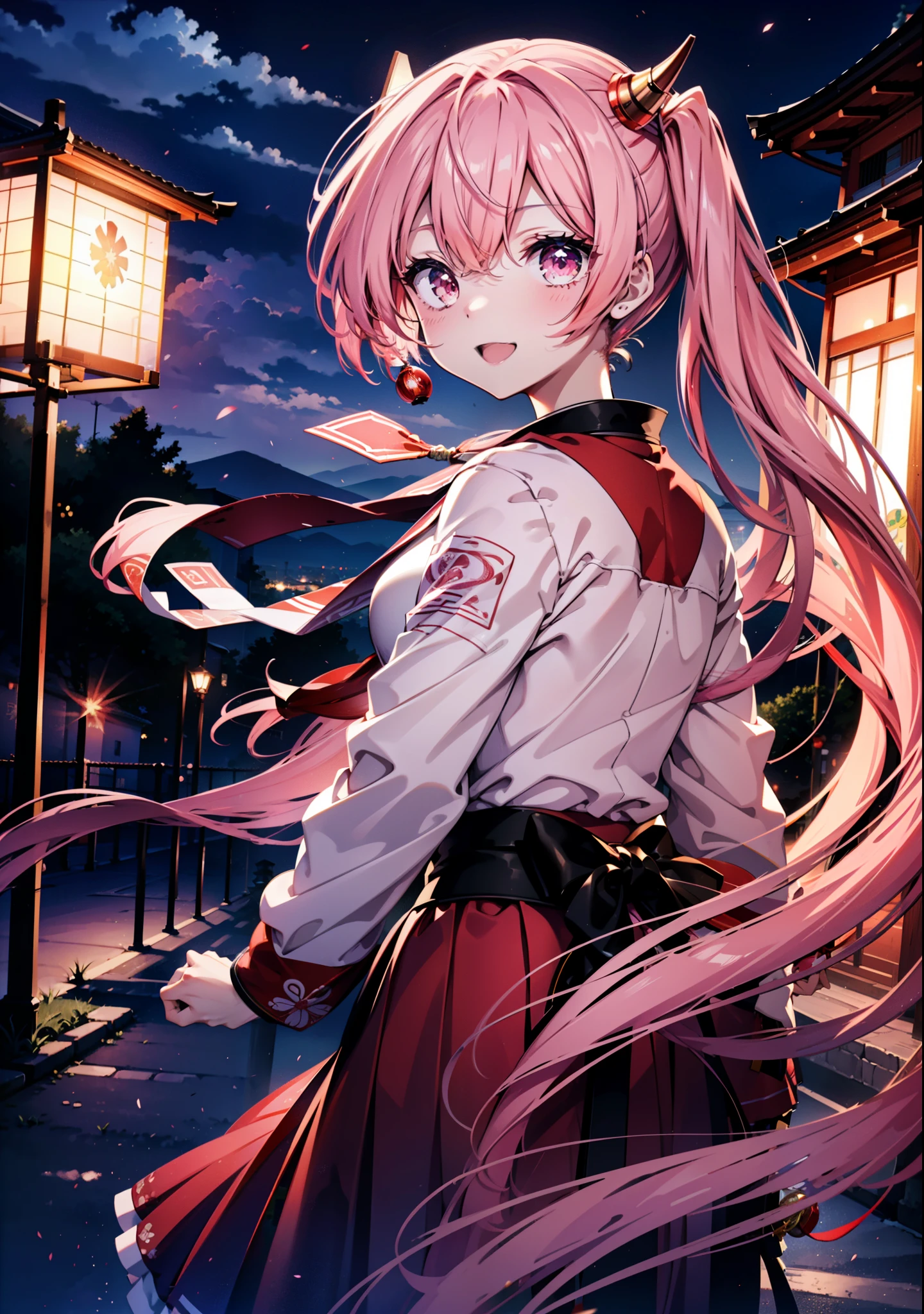 Aria h kanzaki,horn,Pink Hair,Long Hair,low 　Twin tails,Red eyes,happy smile, smile, Open your mouth,pink kimono,Thick sleeves,Long skirt,日本のfestival,夏festivalの屋台,Red Lantern,night,night空のfirework,firework,場所はfirework大会,時間はnightです,sunny day,turn around,as if,walk,　　　　　　　　　　　　　　　  　　　　　break looking at viewer, Upper Body, (Cowboy Shot:1. 5),  　　　　　
break outdoors, festival,shrine,
break (masterpiece:1.2), Highest quality, High resolution, unity 8k wallpaper, (shape:0.8), (Beautiful attention to detail:1.6), Highly detailed face, Perfect lighting, Highly detailed CG, (Perfect hands, Perfect Anatomy),