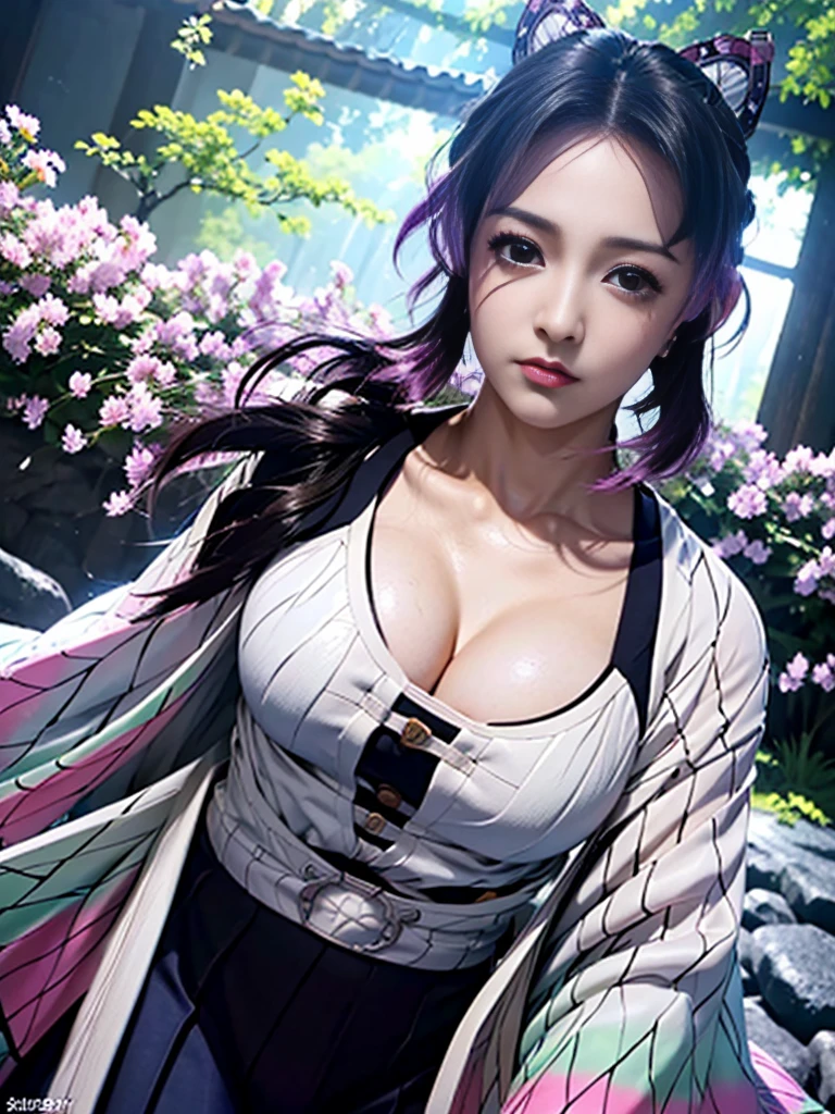 Realistic, Super detailed, High resolution, highest quality, Super detailedな,1 Female , Official Art, unity 8k wallpaper, Super detailed, beautiful and aesthetic, beautiful, masterpiece,( Super busty breasts:1.8,Small waist)、Glowing Skin,masterpiece, wonderful, (CG illustration),Asian, Ultra-realistic textured face and skin、Accurate anatomy、samurai、Colorful armor、Radiation Hair, bangs,Short Bob、((samurai))、sword,Facial details、Dynamic Pose、Dynamic Action、Dynamic Angle、Detailed Background、Wisteria flower、In combat、duel、Degrees of Freedom:1.3