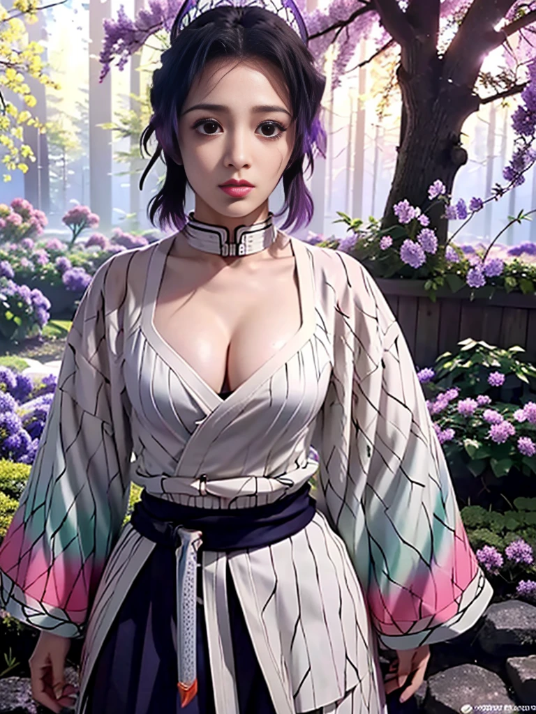 Realistic, Super detailed, High resolution, highest quality, Super detailedな,1 Female , Official Art, unity 8k wallpaper, Super detailed, beautiful and aesthetic, beautiful, masterpiece,( Super busty breasts:1.8,Small waist)、Glowing Skin,masterpiece, wonderful, (CG illustration),Asian, Ultra-realistic textured face and skin、Accurate anatomy、samurai、Colorful armor、Radiation Hair, bangs,Short Bob、((samurai))、sword,Facial details、Dynamic Pose、Dynamic Action、Dynamic Angle、Detailed Background、Wisteria flower、In combat、duel、Degrees of Freedom:1.3