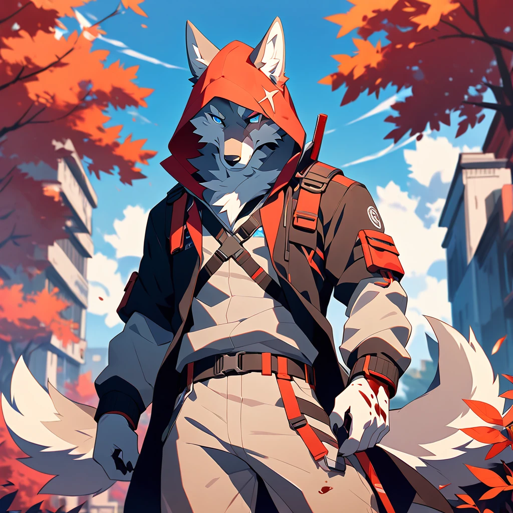 canid,canids,wolf,by zixiong, masterpiece,best quality,anthro,solo,looking at viewer,stand,anime style,outdoors,park,standing,blood on body,((beautiful blue eyes, furry, Wolf, grey fur, grey body, scar on eye)),(Black Hoodie, Red Hood, TechWear Clothing),(((solo))),