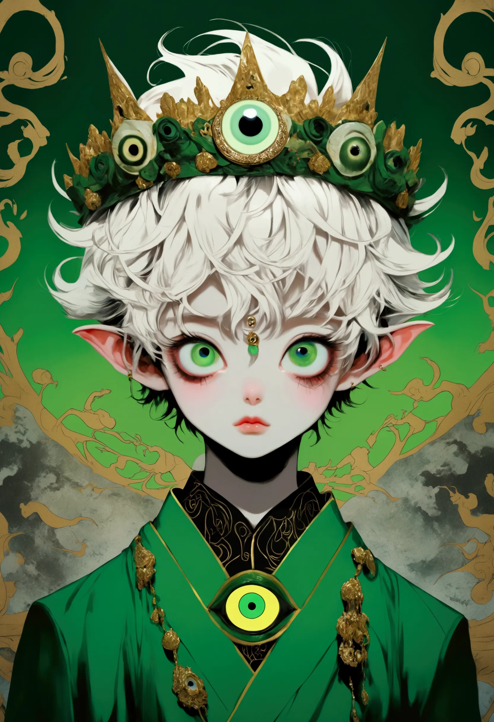 japanese anime，second dimension，horror style，horror character，(((three-eyed boy，独奏，third eye on the forehead，dark eyeshadow，whit...