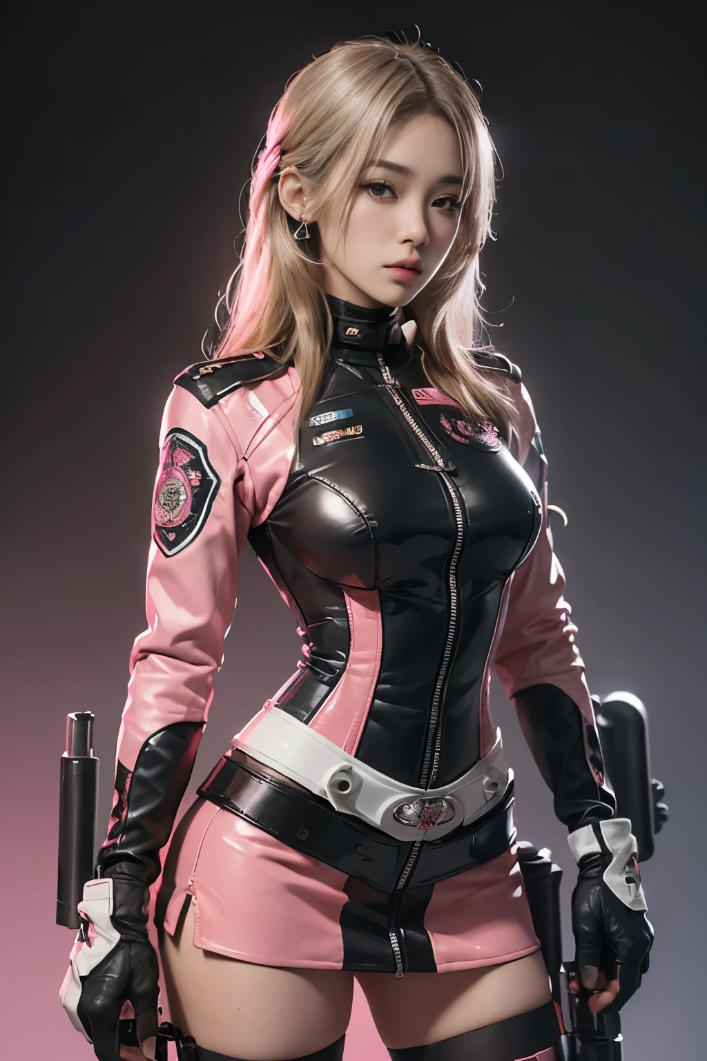 Malay girl police, (Top Quality, Ultra High Definition, Photorealistic: 1.4), (cowboy shot:1), 1 Beautiful Girl, Detailed Face, (Hair Style gradation: blonde:0.6Silver:0.4, fullbang, shortbob-style:1), Combata pose, Contrapposto, Perfect Anatomy, Smooth Skin, Professional Lighting, (wear color pink black silver),((wearing Futuristic Police Racing Suits, low-mini-skirt, police wappen, High-tech Headset, military gun-corset, racing gloves, machinegun)), (Cloths colors based on red silver pink black), (background, backstrage),