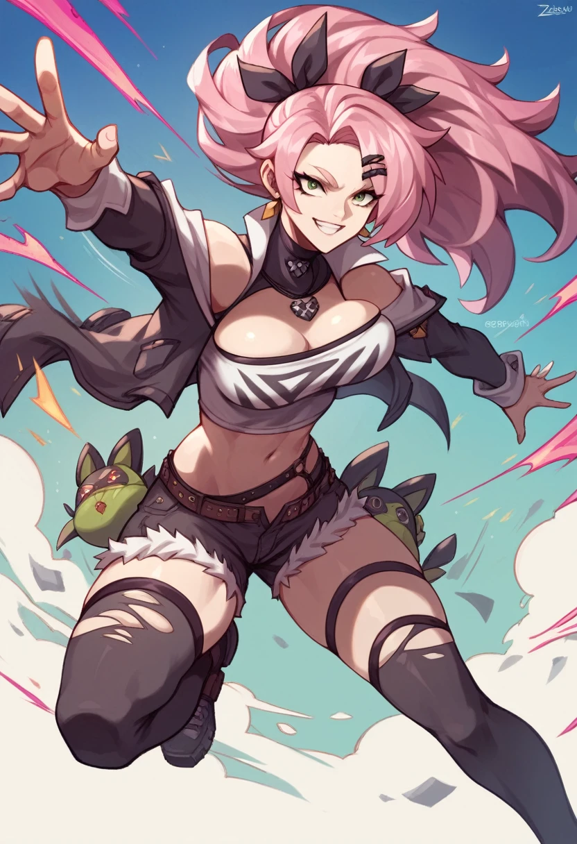 ((illustration, best quality)), pink hair, nico_demara, zenless_zone_zero, breasts, light smile, dynamic pose, bouncing breasts