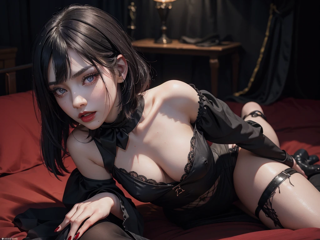 (best quality,highres),(realistic:1.37),dark,goth,woman, eyes,detailed face,black clothes,bobcut black hair,straight bangs,pale skin,red lipstick,intense expression,mysterious atmosphere,gothic background,dim lighting,night,vivid colors, fishnets, topless, fullbody, on her hands and knees, submissive girl, thick thigs, imminent deepthroat, cumshot pose,