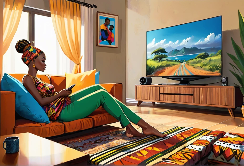 a slim woman (size 8-10) wearing an African cute outfit with a bun on her head resting on her husband body, he is wearing dark shorts and shirt, watching TV, in a nice modern sitting room, plasma tv. 
African (masterpiece best quality:1.2) delicate illustration ultra-detailed, illustrations, bright, colourful, 