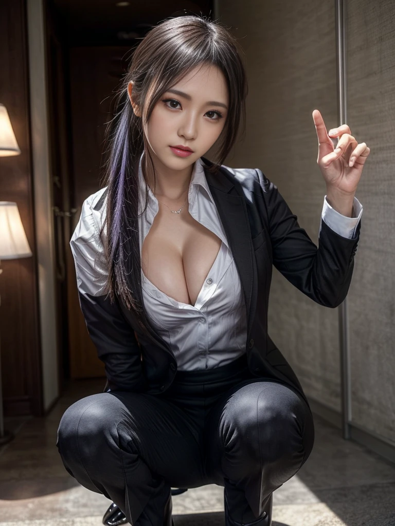 Beautiful woman, 25 years old, high ponytail, bright purple hair (like bright silver), perfect purple hair, Beautiful breasts, (Realistic skin),elegant upper class wearing a black pantsuit, black jacket, white shirt, cleavage visible, black pumps, and a business shirt. Elite secretary, working in the office, wearing a strict business suit, pantsuit style, wearing luxury high heels, girl wearing a shirt, wearing a business suit, wearing a business suit, black nail art, business Wearing a suit, Businessman, Business clothes, Wearing a black business suit, Wearing a white shirt and black jacket, Woman in a business suit, Business suit, Business attire, Raw photo, (8K, highest quality, Masterpiece: 1.2), (Complex Detail: 1.4), (Photoreal: 1.4), Octane Rendering, Complex 3D Rendering Super Detail, Studio Soft Light, Rim Light, Vibrant Detail, Super Detail, Realistic Skin texture, surface details, beautifully detailed eyes, highly detailed CG Unity 16k wallpaper, supplement, (detailed background:1.2),pony tail