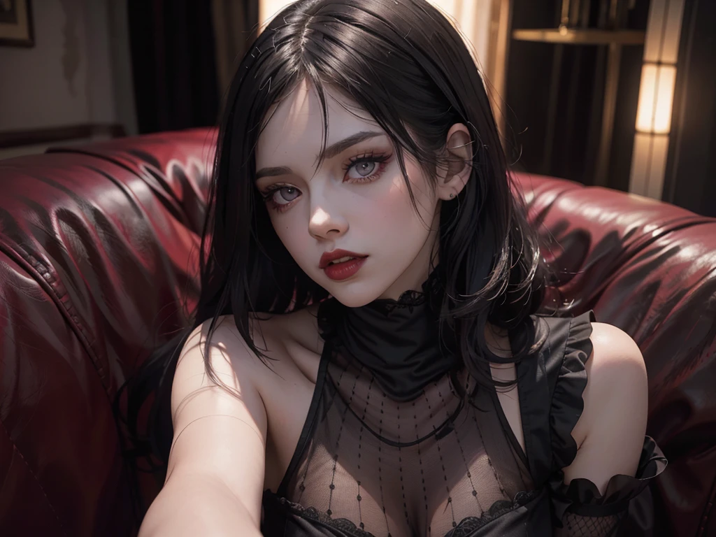 (best quality,highres),(realistic:1.37),dark,goth,woman, eyes,detailed face,black clothes,bobcut black hair,straight bangs,pale skin,red lipstick,intense expression,mysterious atmosphere,gothic background,dim lighting,night,vivid colors, fishnets, topless, fullbody, on her hands and knees, submissive girl, thick thigs, imminent deepthroat, cumshot pose,