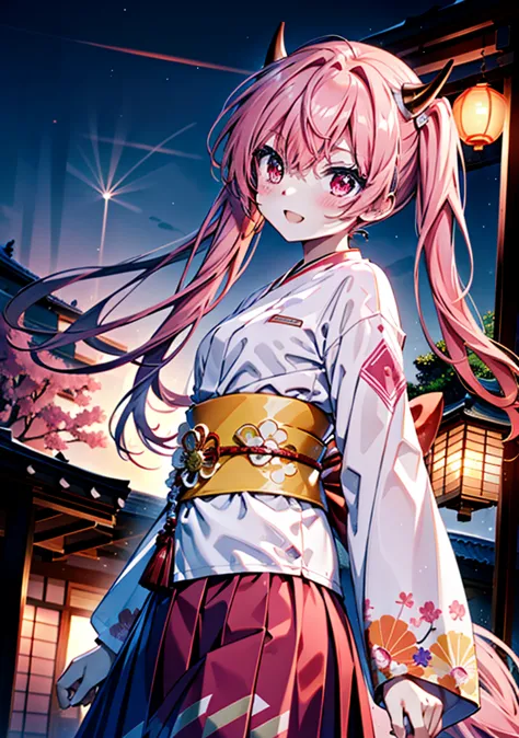 aria h kanzaki,horn,pink hair,long hair,low 　twin tails,小さいhorn,red eyes,happy smile, smile, open your mouth,pink kimono,thick s...