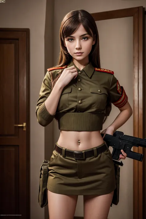 best quality, 4K image quality, 1 girl, pistol, skimpy soviet uniform