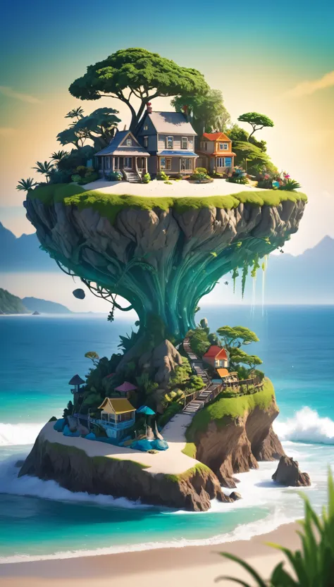 ((mysterious island:1.2)), small world, isolated, distorted world, sandy beach and island in a miniature garden, (((unnatural na...