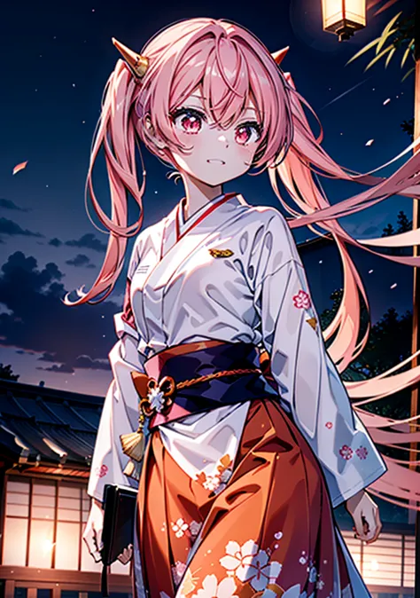 aria h kanzaki,horn,pink hair,long hair,low 　twin tails,小さいhorn,red eyes,happy smile, smile, open your mouth,pink kimono,thick s...