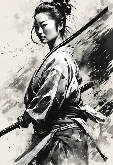 black and white painting,ink painting,splash,topknot,warrior（ronin style）,kimono,attack with a japanese sword,composition from t...