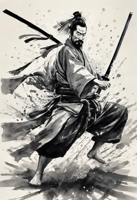 black and white painting,ink painting,splash,topknot,warrior（ronin style）,40-year-old male,bearded,kimono,attack with a japanese...