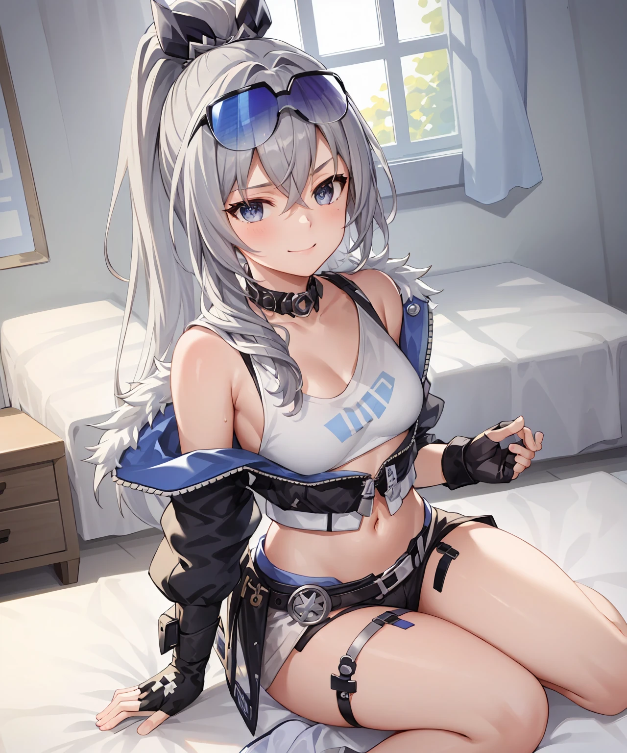 (masterpiece, photorealistic,best quality, extremely detailed CG,beautiful detailed eyes,ultra-detailed,intricate details,from above),fullbody,1girl,young,13 years old,young,long hair,metal hair,white hair,high bonytail,medium breasts,navel,sliver eyes,smirk,crown,blue sunglass on head,fingerless gloves,cyberpunk jacket), indoors, on bed, sweaty