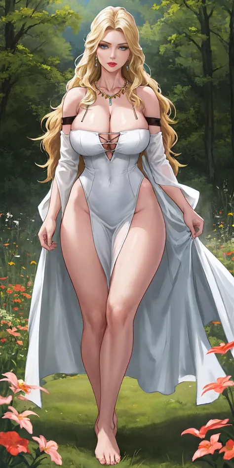 full body of blonde scandinavian goddess muscle tone full body, face of elsa hosk, huge breasts, white silk dress with deep clea...