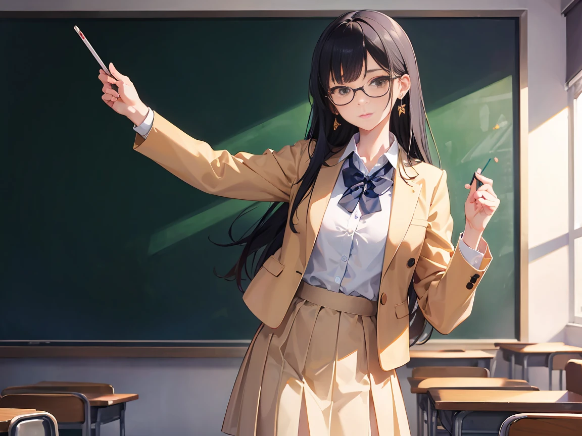 black hair, long hair, over-rim eyewear, earrings, sigh, ray tracing, masterpiece, accurate, textured skin, high quality, highres, best quality, high details, super detail, High school teacher, wearing a shirt, Background (classroom, blackboard), During class, Beige jacket and long skirt