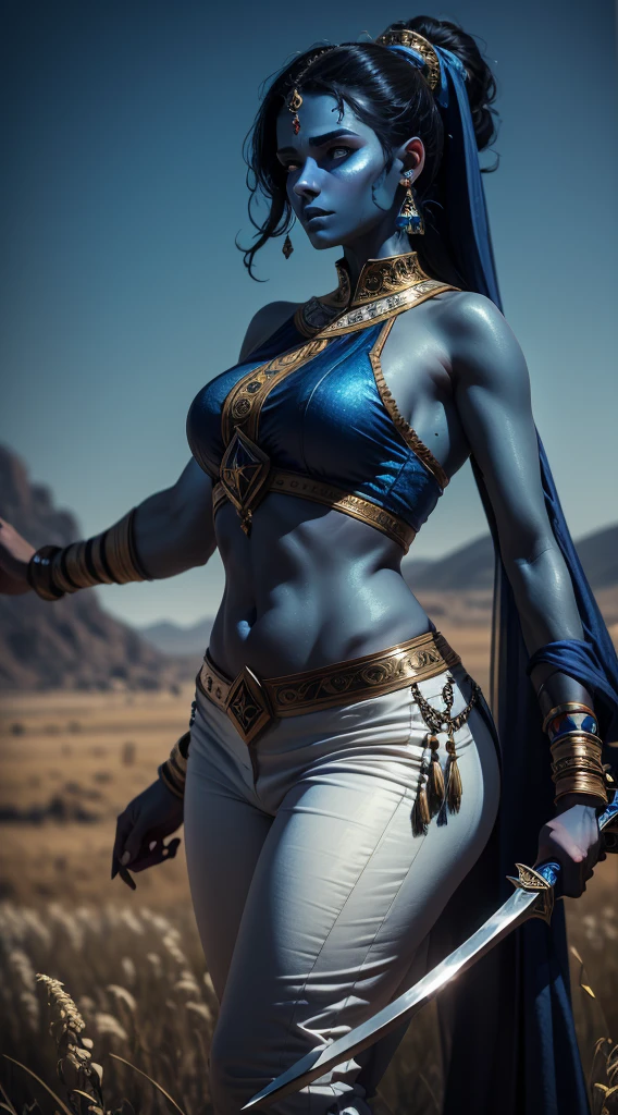 arab woman, (((blue skin))), she has (((four arms))), black hair, arabic swords on each hand, indian woman, arabian ((rogue battle white clothes)), pants, ponytail, arabic swords, field background .  (best quality,4k,8k,highres,masterpiece:1.2), HDR,UHD,studio lighting,ultra-fine painting,sharp focus,physically-based rendering,extreme detail description,professional, 