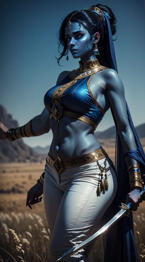 arab woman, (((blue skin))), she has (((four arms))), black hair, arabic swords on each hand, indian woman, arabian ((rogue batt...