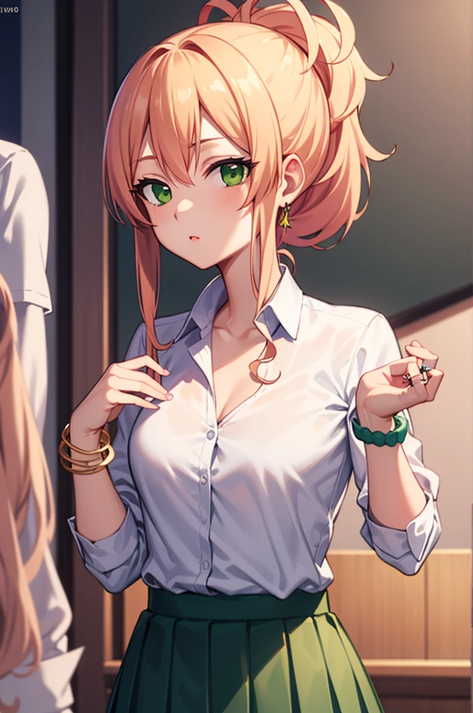 Tang Jinmu, Eight girls Yukana, long hair, Bangs, blonde hair, hair between eyes, (green eyes:1.5), ponytail, colorful hair, Hair ring, high ponytail, lipstick, promote, kogal, cosmetic,
rest skirt, shirt, jewelry, Uniforms, clavicle, white shirt, pleated skirt, collared shirt, mini skirt, bracelet, green skirt,
rest looking at viewer, whole body,
rest indoors, classroom,
rest (masterpiece:1.2), best quality, high resolution, unified 8k wallpaper, (illustration:0.8), (Beautiful and delicate eyes:1.6), extremely detailed face, perfect lighting, Extremely detailed CG, (perfect hands, perfect anatomy),