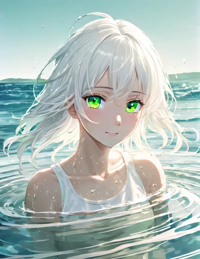 Anime style female character in water, (long  white hair:1.2), (Kind expression:1.1), green colored eyes, white top, (rippling effect of water around the body:1.3), sunlight reflecting on the water, Clear sky, subtle splashes of water, high-resolution digital art, soft color palette, atmosfera tranquila, (serene ocean background:1.1), Realistic water texture
