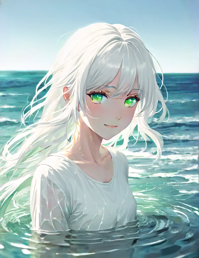 Anime style female character in water, (long  white hair:1.2), (Kind expression:1.1), green colored eyes, white top, (rippling effect of water around the body:1.3), sunlight reflecting on the water, Clear sky, subtle splashes of water, high-resolution digital art, soft color palette, atmosfera tranquila, (serene ocean background:1.1), Realistic water texture
