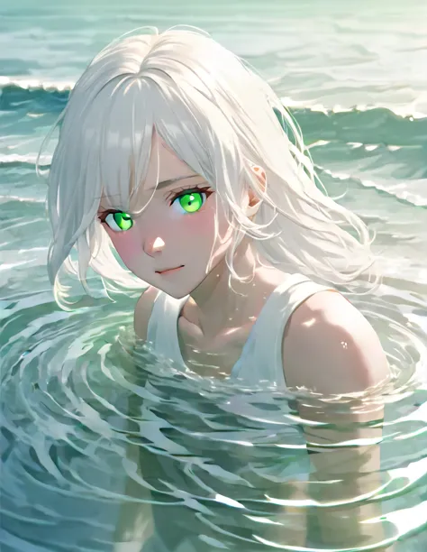 anime style female character in water, (long  white hair:1.2), (kind expression:1.1), green colored eyes, white top, (rippling e...