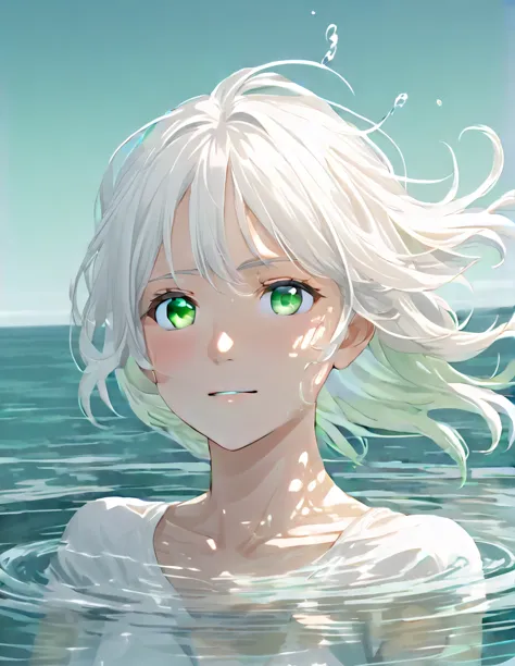 anime style female character in water, (long  white hair:1.2), (kind expression:1.1), green colored eyes, white top, (rippling e...