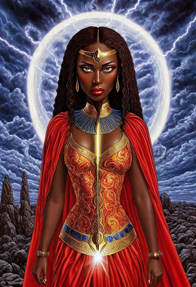 Una pintura hiperrealista de una mujer. (nigeriano) con una espada y una capa roja, dark skin female diosa of love, diosa dos Ventos, diosa das Tempestaes, diosa of lightning, ((Orixã Iansã en persona) con todo su esplendor),por Mati Klarwein, extremely detailed diosa shot, diosa. detalle extremadamente alto, inspirado en Mati Klarwein, diosa of lightning, Tormenta de dioses egipcios, tiempo, a stunning portrait of a diosa, as the diosa of the sun, diosa art, El Klarwein y Moebius