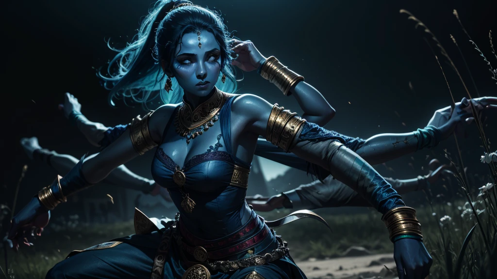 arab woman, (((blue skin))), she has (((four arms))), black hair, arabic swords on each hand, indian woman, arabian ((rogue battle white clothes)), pants, ponytail, arabic swords, field background .  (best quality,4k,8k,highres,masterpiece:1.2), HDR,UHD,studio lighting,ultra-fine painting,sharp focus,physically-based rendering,extreme detail description,professional, 