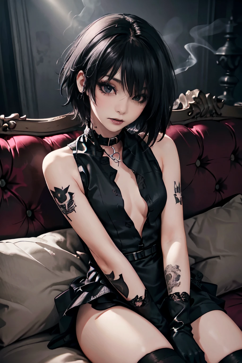 Girl, woman, emo_hairstyle, black lipstick, dog collar, eyeliner, eye shadow, smoky eyes, realistic lighting, short hair, black wedding dress , thighhighs, hand between legs, small breast, sofa, punk, smirk. Sleeveless. Long black wedding gloves. Tattoo.