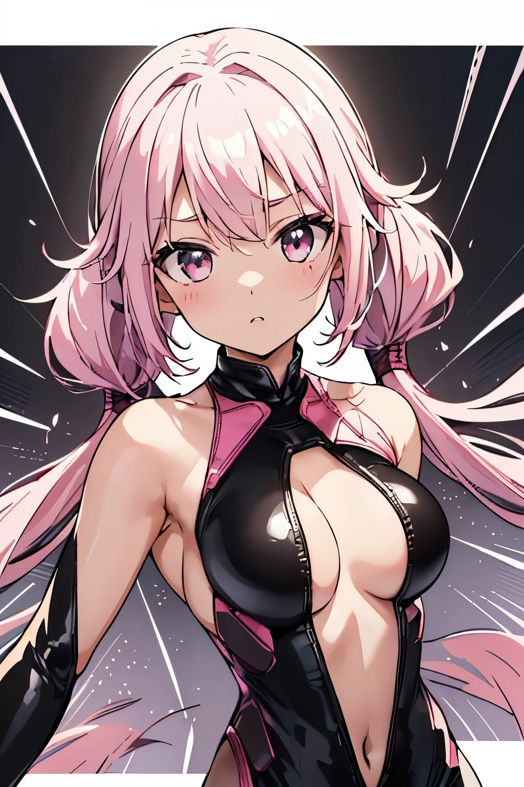 ((Upper body photo))、Cute face、Pink Hair、Long Hair、Twin tails、White skin、((Shooting from the front:1.5 ))、((Tight black leather suit:1.5)), ((Big Breasts)), Pointed nipples, masterpiece