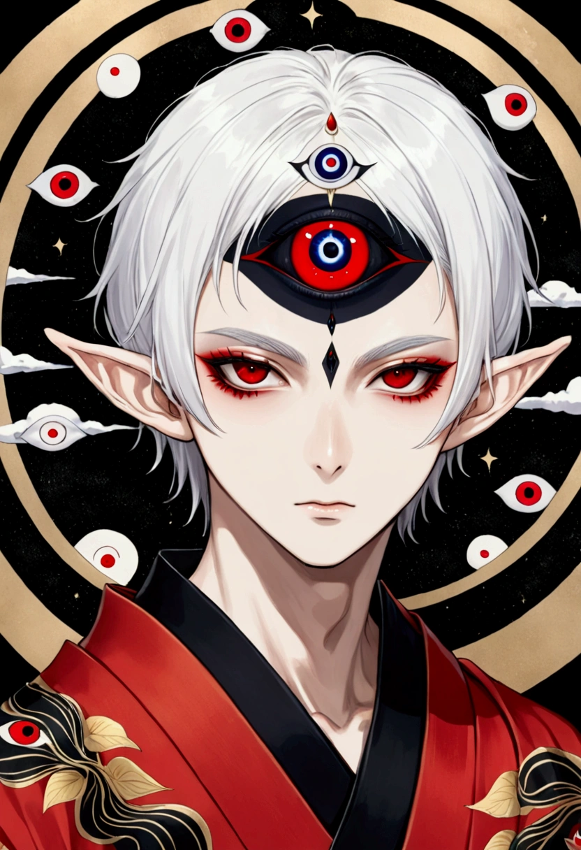 Japanese Anime，Gothic Art，(((1 Boy，独奏，third eye on the forehead，Dark eyeshadow.Middle-parted white hair-super short hair，Elf ears))),(((Gorgeous Japanese red kimono：1.6，Eye Diagram，Dark Pattern))).(((Thin waist，Greenbelt：1.37)))