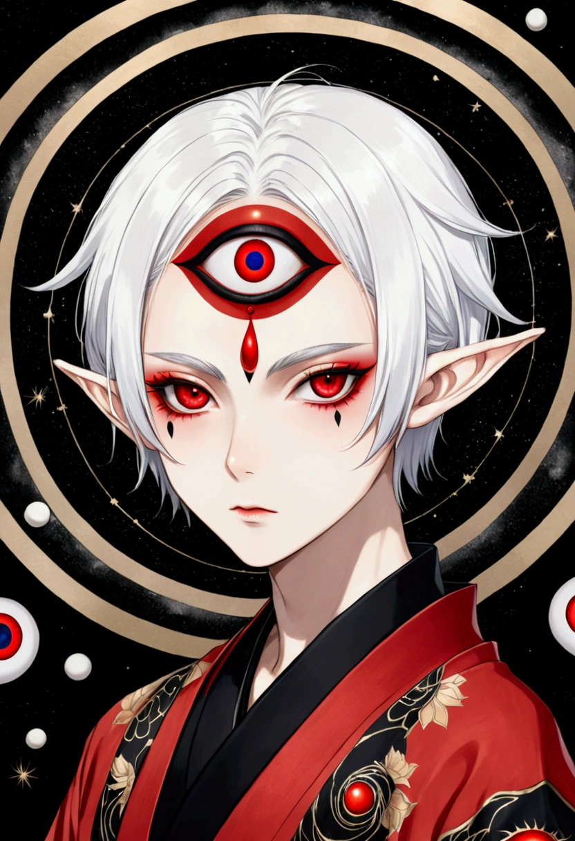 Japanese Anime，Gothic Art，(((1 Boy，独奏，third eye on the forehead，Dark eyeshadow.Middle-parted white hair-super short hair，Elf ears))),(((Gorgeous Japanese red kimono：1.6，Eye Diagram，Dark Pattern))).(((Thin waist，Greenbelt：1.37)))