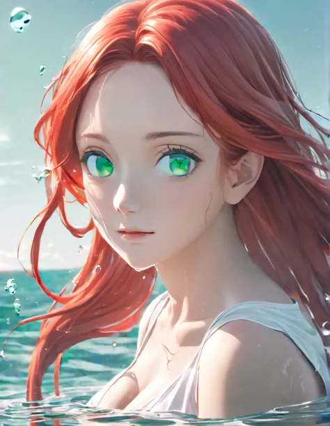 anime style female character in water, (long  red hair:1.2), (kind expression:1.1), jade green colored eyes, white top, big brea...