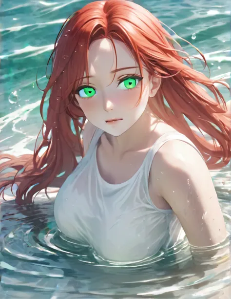 anime style female character in water, (long  red hair:1.2), (kind expression:1.1), jade green colored eyes, white top, big brea...