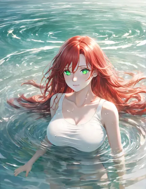 anime style female character in water, (long  red hair:1.2), (kind expression:1.1), jade green colored eyes, white top, big brea...