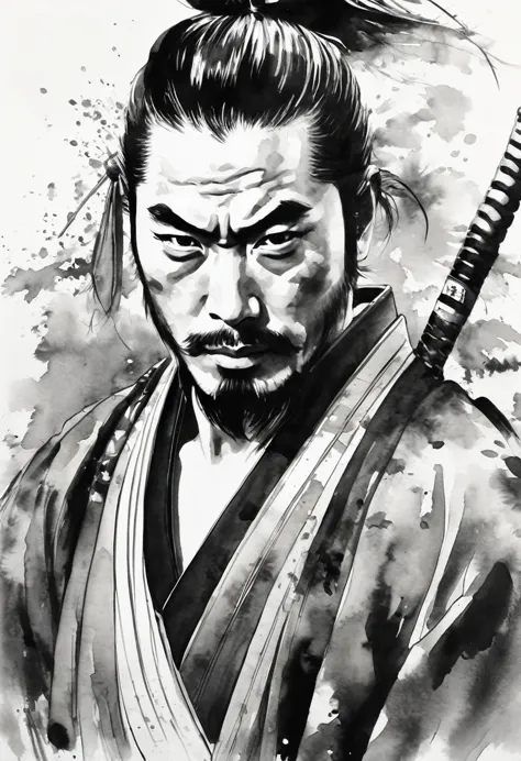 black and white painting,ink painting,splash,topknot,25 year old japanese samurai,a ronin-like figure with a dignified expressio...