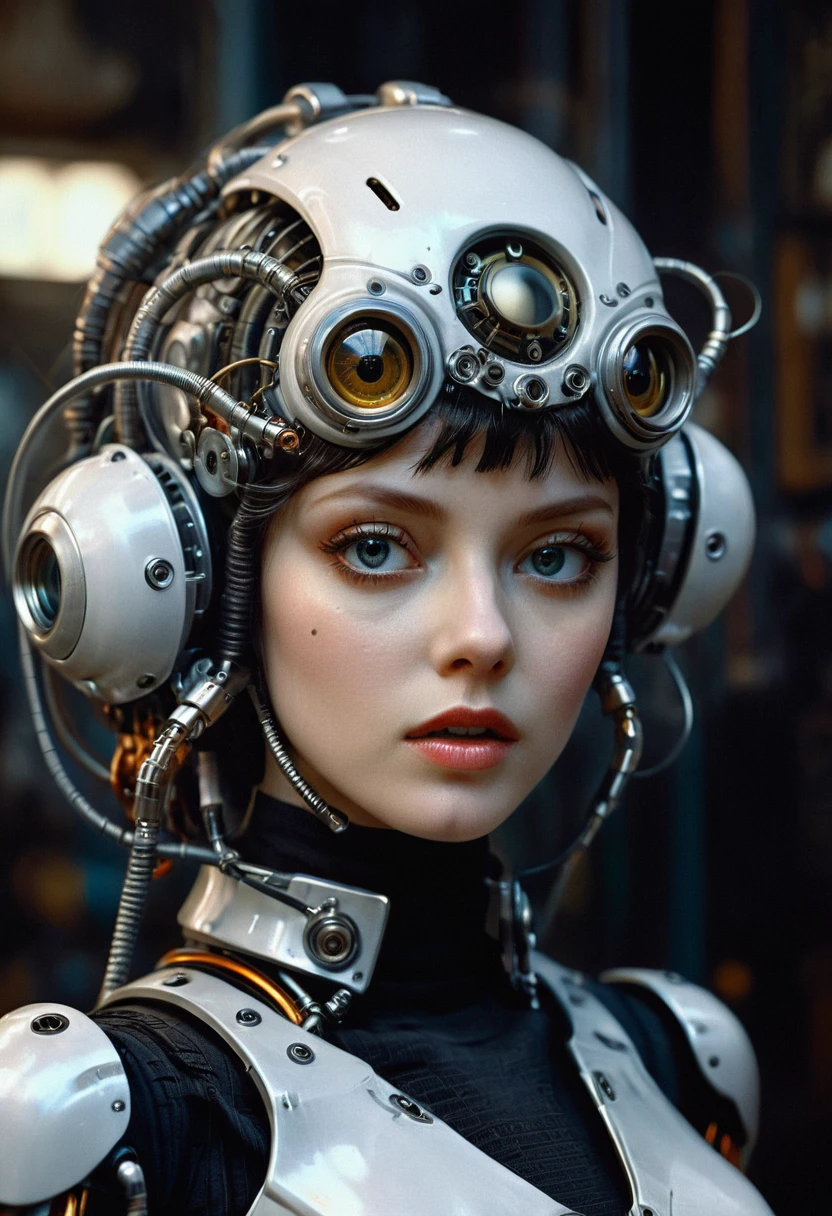 60s beautiful biopunk cyborg, full body portrait, sensual, perfect face, pale skin, complicated painting with fine lines, 8 thousand, ultra detail, trending on artstation, sharp focus, Illustration hyperrealistic, big eyes, very detailed, Chiaroscuro, Caravaggio, complicated details, very detailed, photo realistic, cinematic, movie still, captured in the style of Sony Alpha A7 III camera