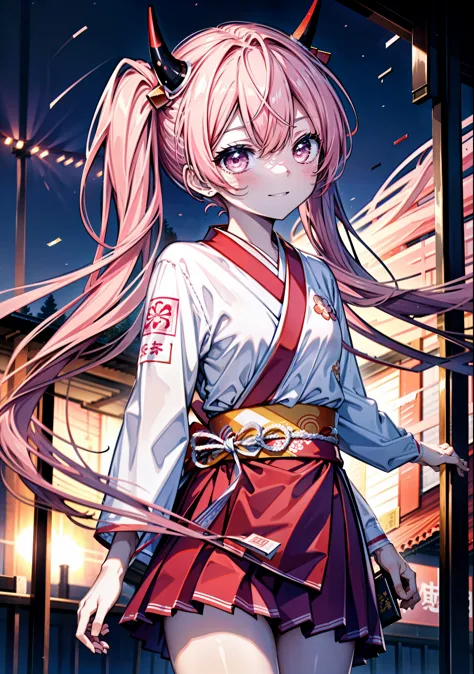 aria h kanzaki,horn,pink hair,long hair,low 　twin tails,小さいhorn,red eyes,happy smile, smile, open your mouth,pink kimono,thick s...