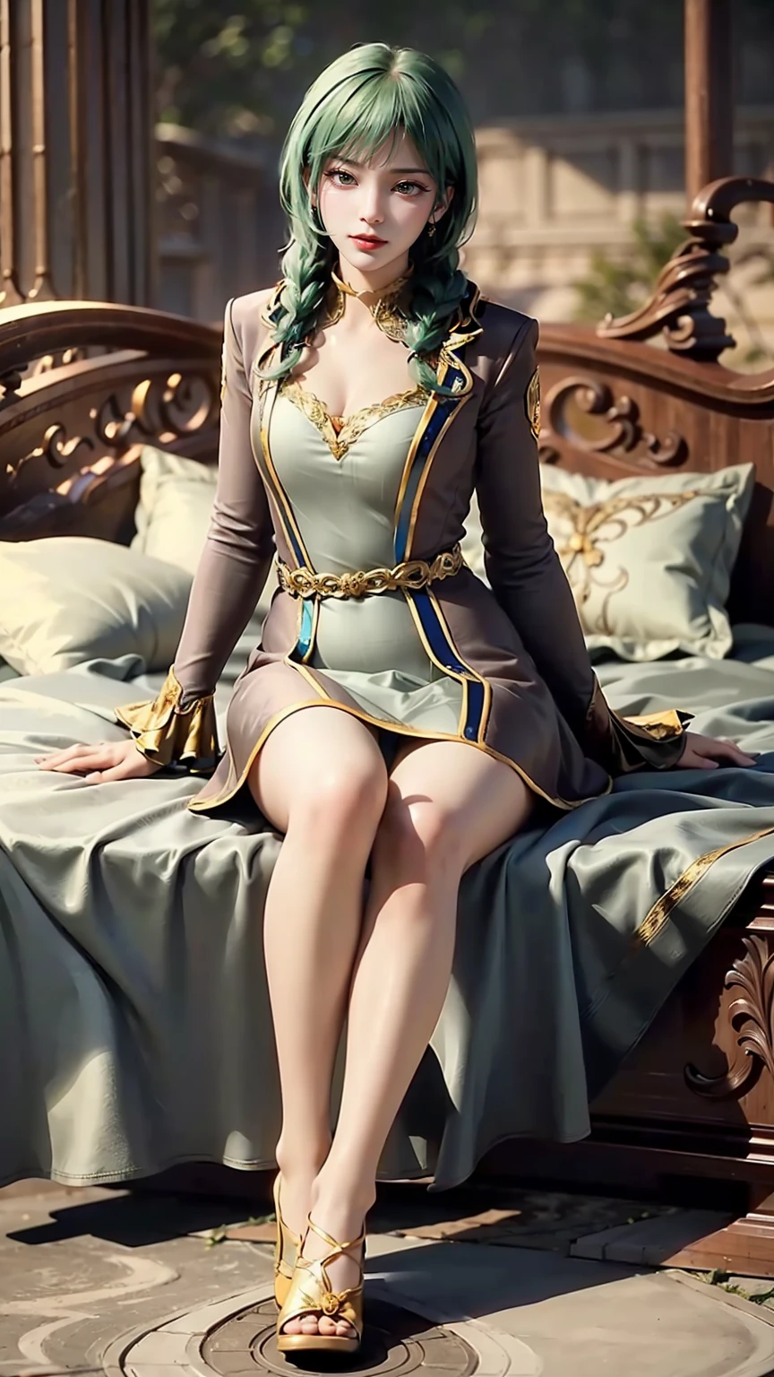 a beautiful young woman with long hair, wearing a nightgown, sitting on a bed, barefoot, in a dress, lying on her side, cross-legged, full body shot, (best quality,4k,8k,highres,masterpiece:1.2),ultra-detailed,(realistic,photorealistic,photo-realistic:1.37),beautiful detailed eyes,beautiful detailed lips,extremely detailed eyes and face,longeyelashes,natural lighting,warm tones,soft focus,portraits,chiaroscuro,depth of field