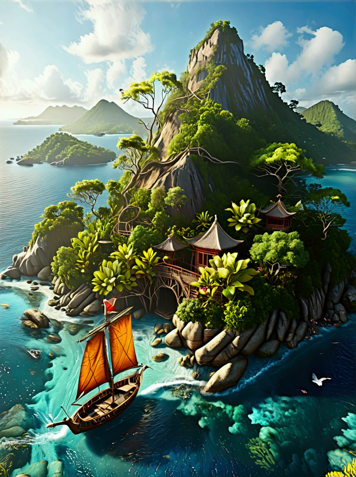 (Bird&#39;s eye view:1.5)，An ancient treasure map，Horizon leading to an exotic island。The island is covered with lush tropical vegetation、Mysterious ancient buildings and a towering mountain。This is an obvious destination for daring explorers。The sky is dotted with birds，There&#39;s a sense of adventure in the air，The boundless blue sea is inhabited by various marine creatures.。A wooden boat with an elegant sail awaits in the nearby bay.，Prepare to start a cross-sea journey。