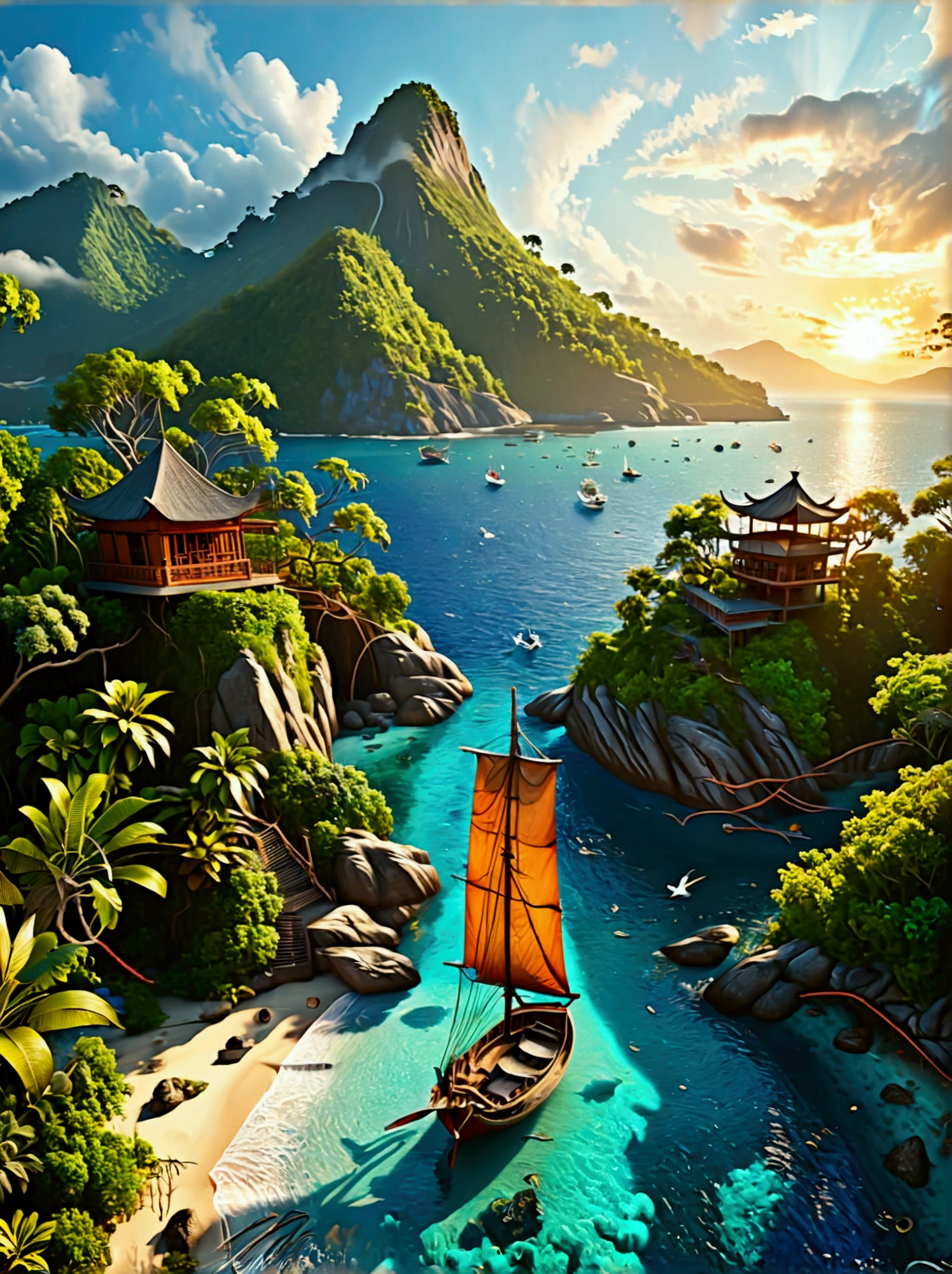 (Bird&#39;s eye view:1.5)，An ancient treasure map，Horizon leading to an exotic island。The island is covered with lush tropical vegetation、Mysterious ancient buildings and a towering mountain。This is an obvious destination for daring explorers。The sky is dotted with birds，There&#39;s a sense of adventure in the air，The boundless blue sea is inhabited by various marine creatures.。A wooden boat with an elegant sail awaits in the nearby bay.，Prepare to start a cross-sea journey。