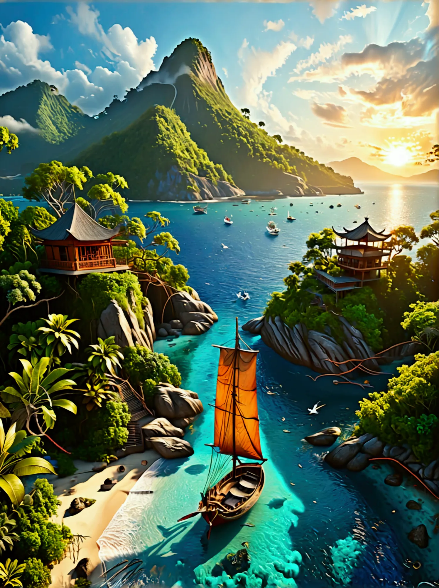 (bird&#39;s eye view:1.5)，an ancient treasure map，horizon leading to an exotic island。the island is covered with lush tropical v...