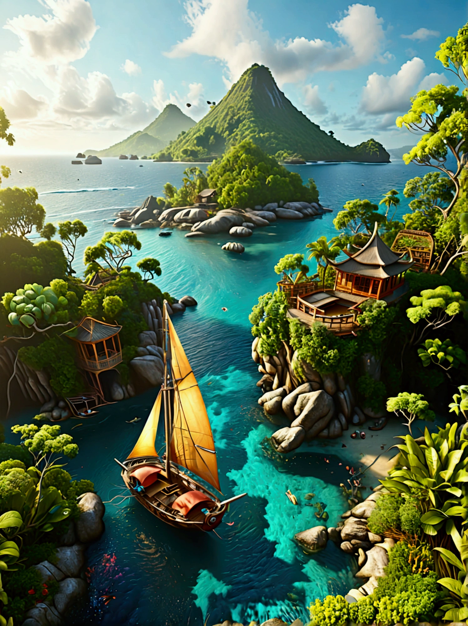 (Bird&#39;s eye view:1.5)，An ancient treasure map，Horizon leading to an exotic island。The island is covered with lush tropical vegetation、Mysterious ancient buildings and a towering mountain。This is an obvious destination for daring explorers。The sky is dotted with birds，There&#39;s a sense of adventure in the air，The boundless blue sea is inhabited by various marine creatures.。A wooden boat with an elegant sail awaits in the nearby bay.，Prepare to start a cross-sea journey。