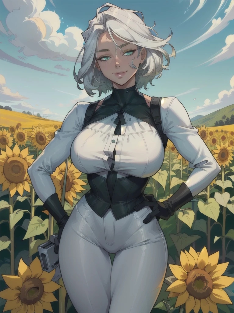 ((ultra detaild, work of art, best qualityer))
 Features of W3, 1 girl, standing alone, White hair, greeneyes, scar on the face, surrounded by sunflowers in a bright field, smiling, glad